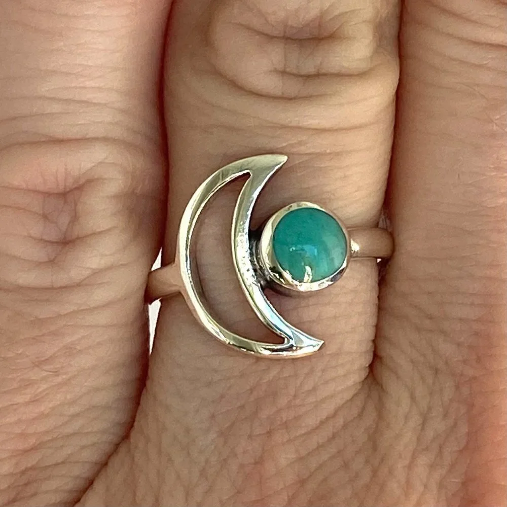 Sterling Silver 925 Thai Crescent Moon Round Turquoise Celestial Ring Sz 6.5 NEW